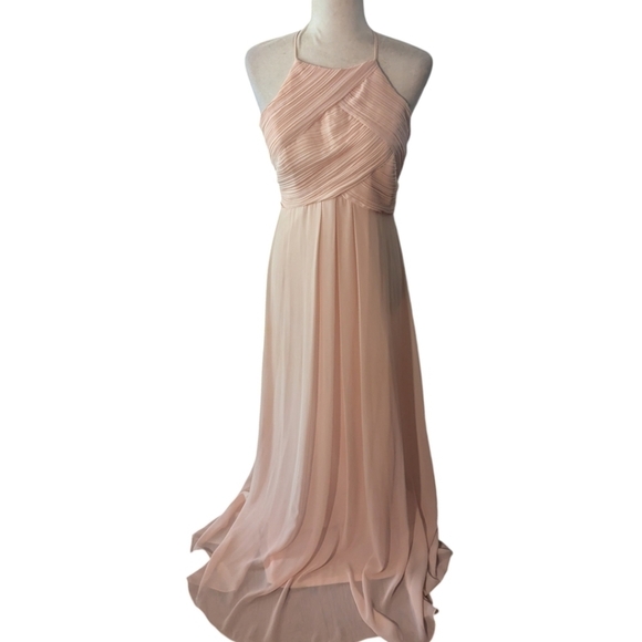 Levkoff pale Blush pink Strappy bodice chiffon halter neck flowy long gown sz 8 - Picture 5 of 14